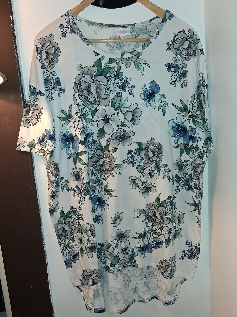 Lularoe Floral Short-Sleeve Tunic Top in Blue & Green